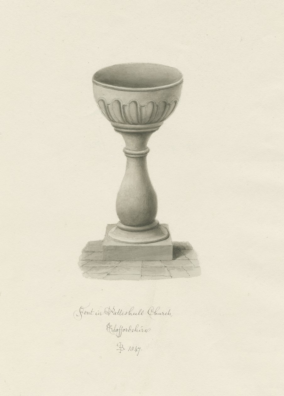 Taufbecken in der Kirche von Patshull (Sepia-Zeichnung) von John Buckler