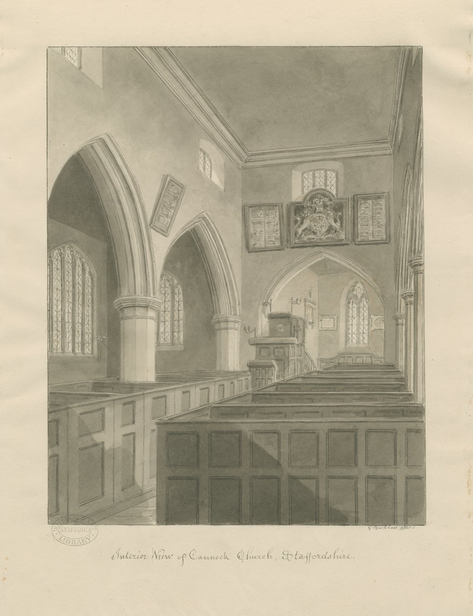 Innenraum der Cannock-Kirche: Sepia-Zeichnung von John Buckler