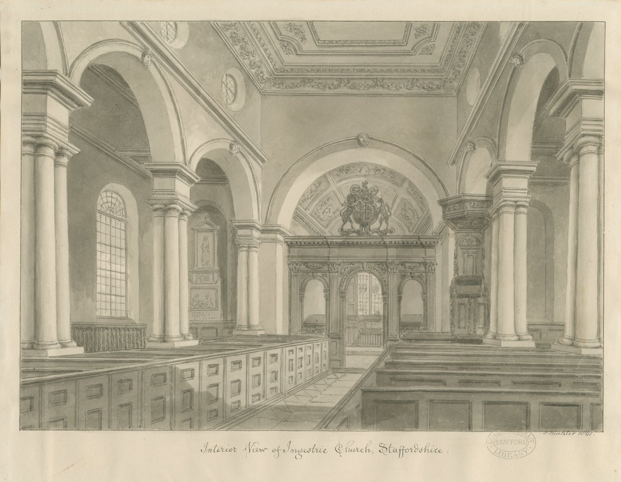 Innenraum der Ingestre Kirche (Sepia-Zeichnung) von John Buckler