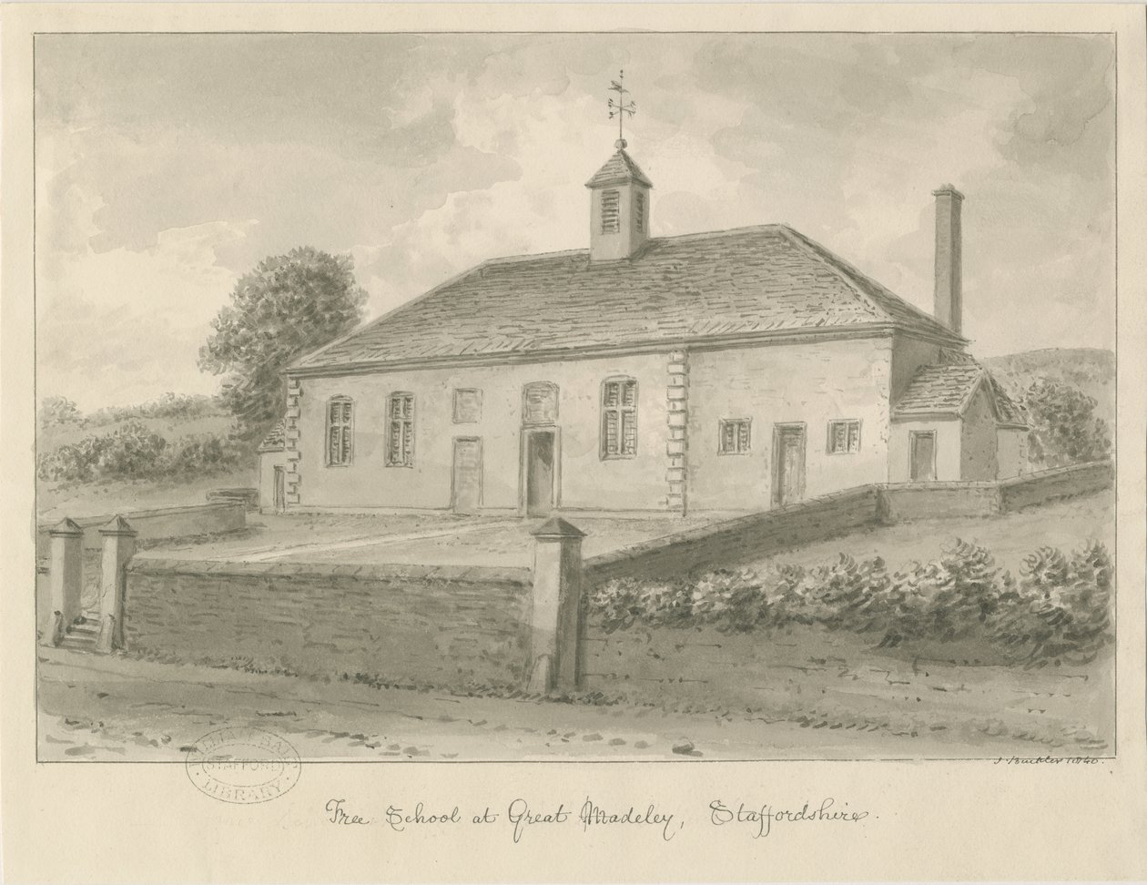 Madeley - Freie Schule: Sepiazeichnung, 1840 von John Buckler