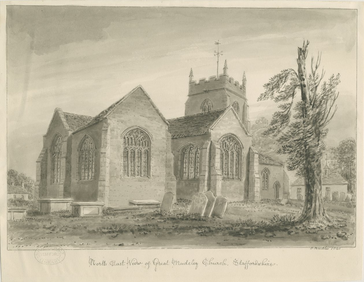 Madeley Kirche: Sepiawaschzeichnung von John Buckler