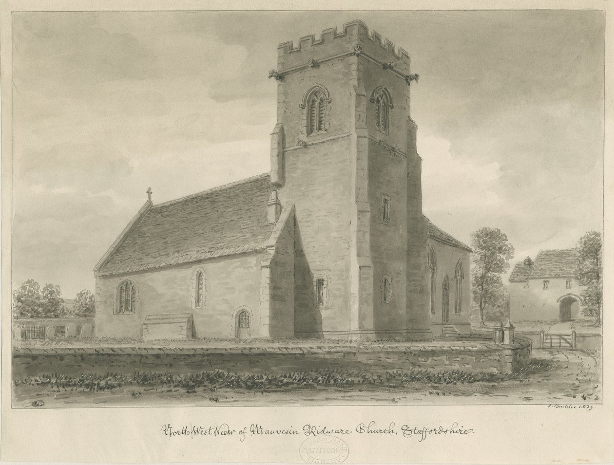 Mavesyn Ridware Kirche: Sepiazeichnung, 1839 von John Buckler
