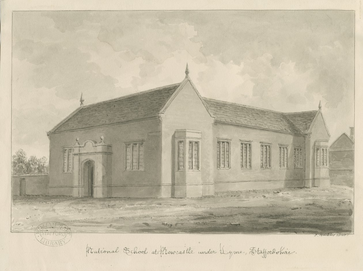 Newcastle-under-Lyme - National School (Sepia-Waschzeichnung) von John Buckler