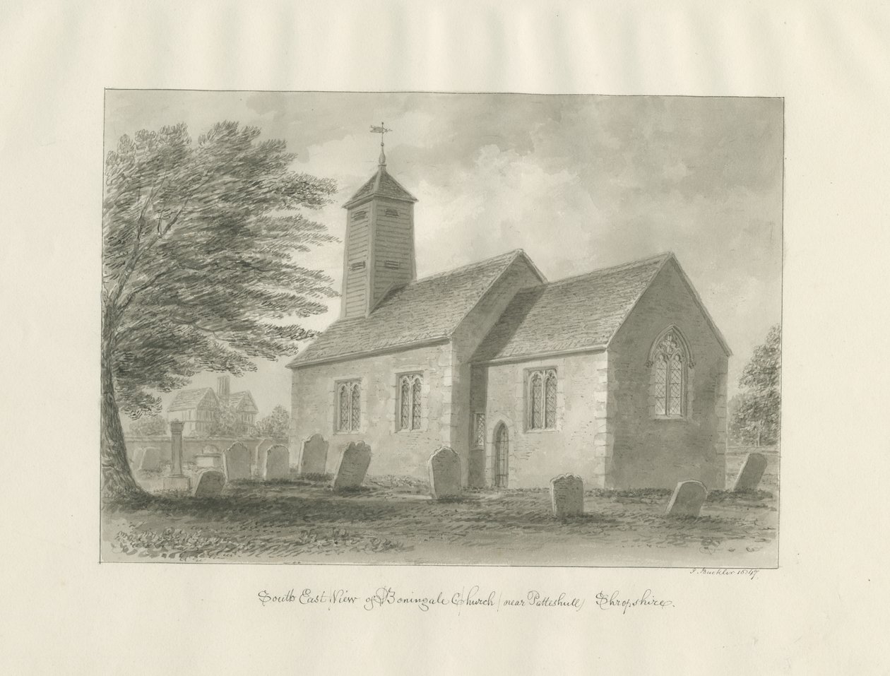 Patshull - Boningale Church (Sepia-Waschzeichnung) von John Buckler