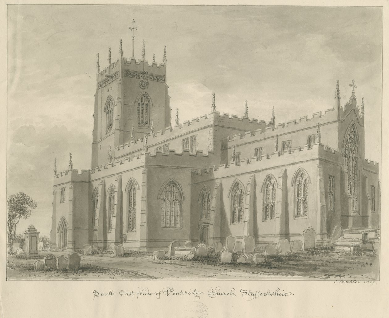 Penkridge Church: Sepia-Zeichnung von John Buckler