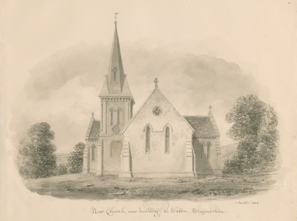 Walton-on-the-Hill Kirche: Sepia-Zeichnung, 1842 von John Buckler