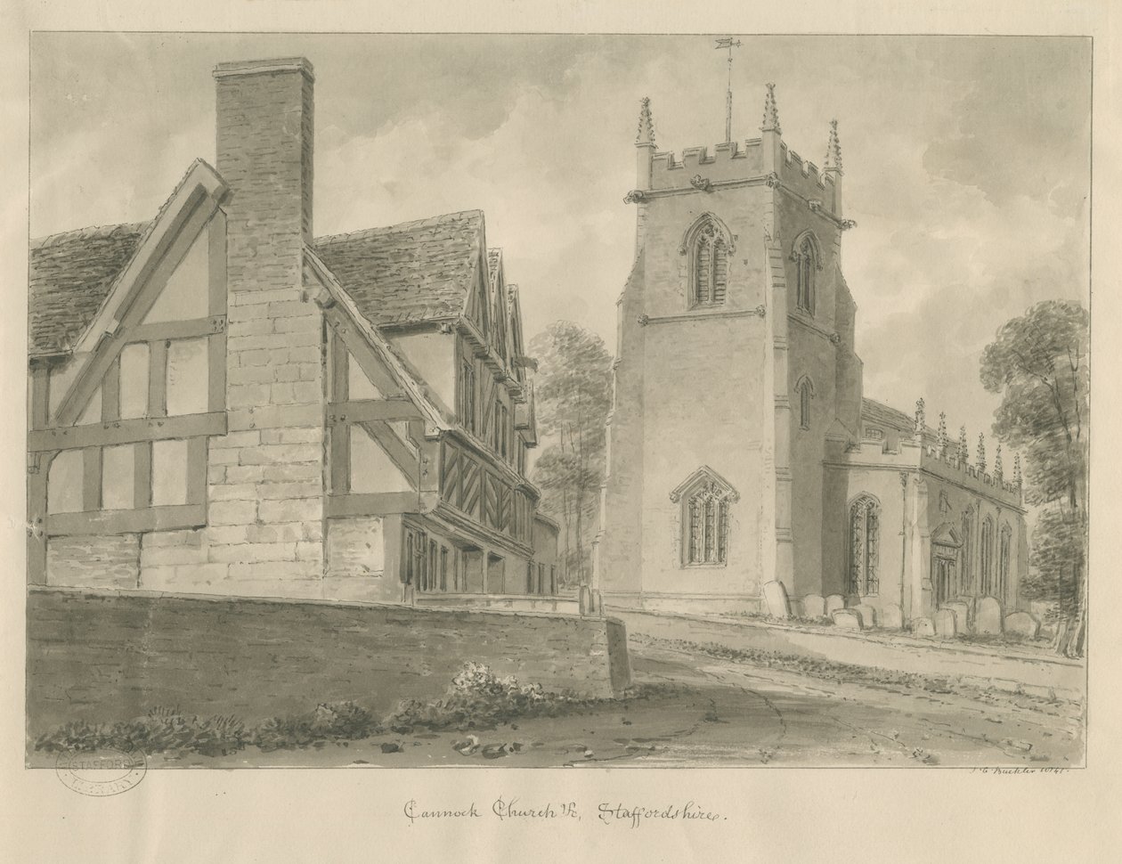 Cannock Kirche: Sepiazeichnung, 1841 von John Chessell Buckler