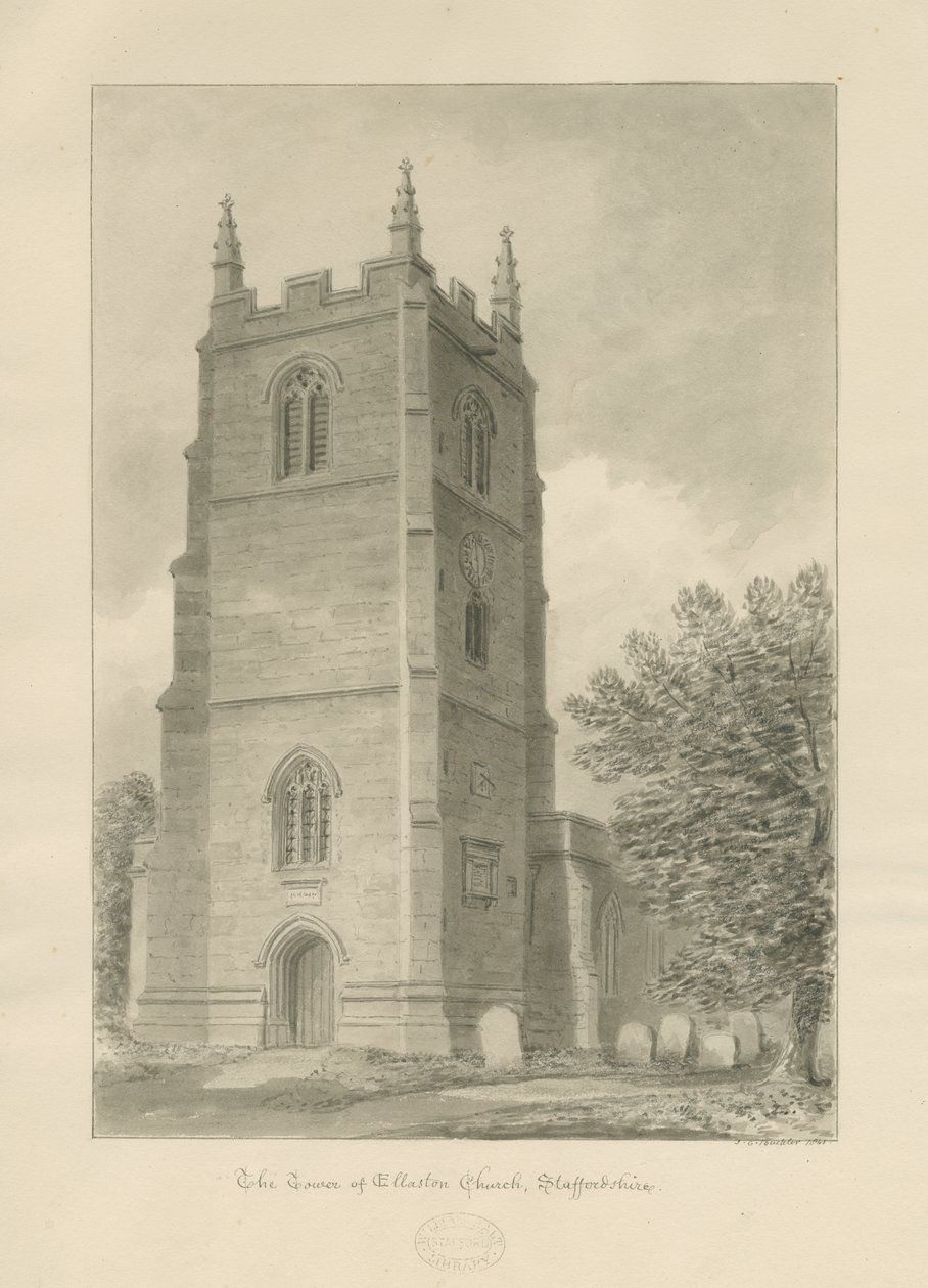 Ellastone Kirche (Sepia-Zeichnung) von John Chessell Buckler