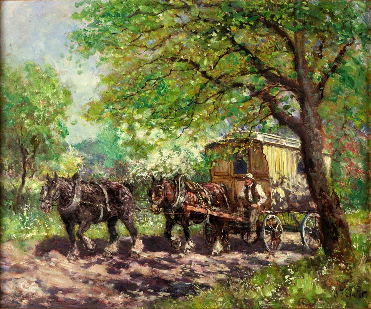Zwei Pferde und ein Wohnwagen von John Falconar Slater