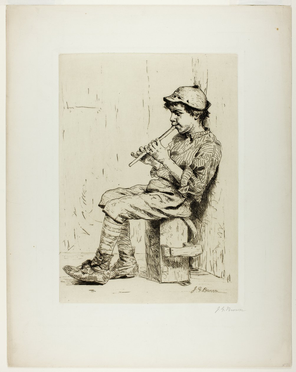 Junge spielt Flöte von John George Brown