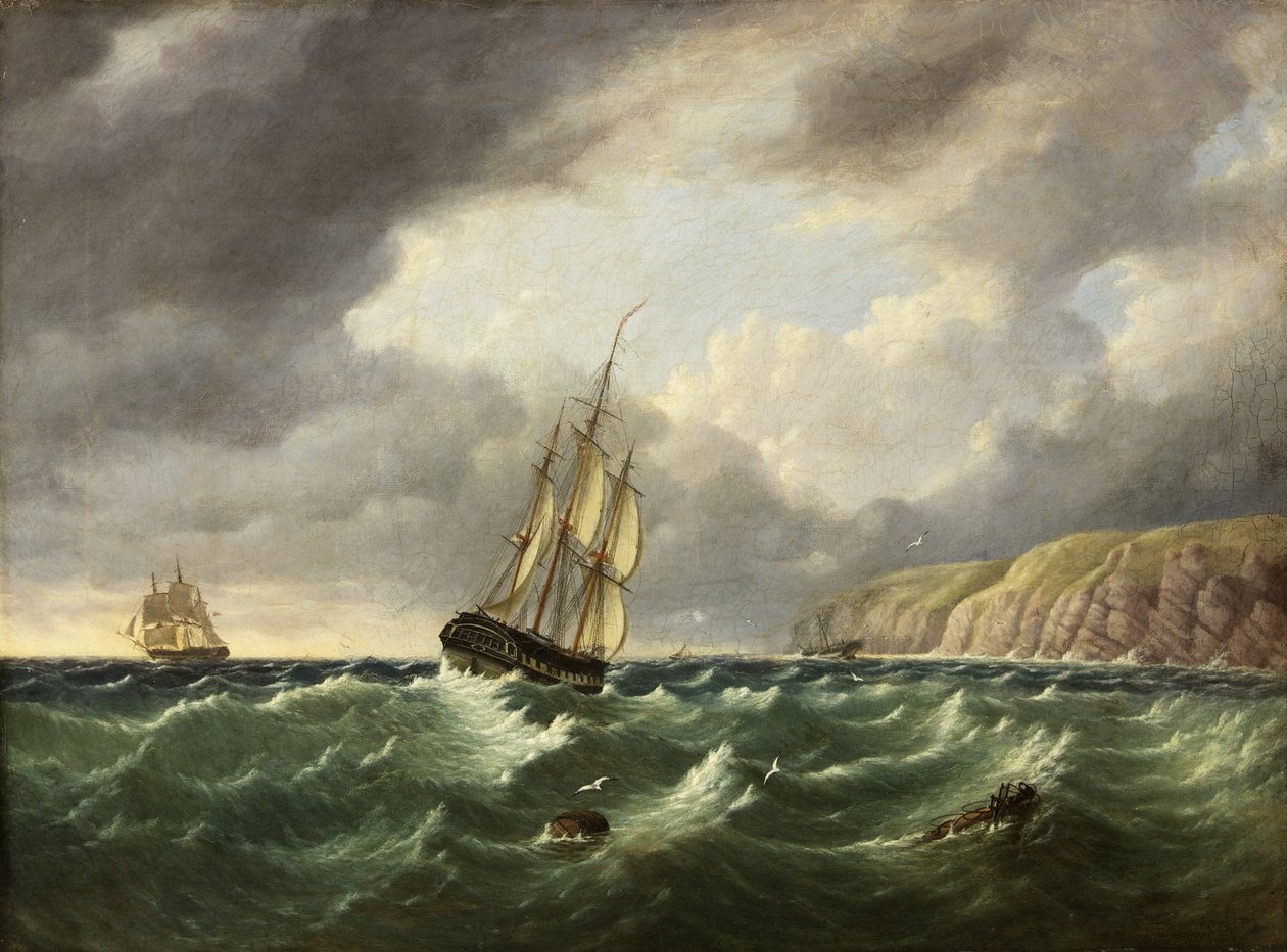 Meereslandschaft mit zwei Schiffen und Klippen von John I. Harvey