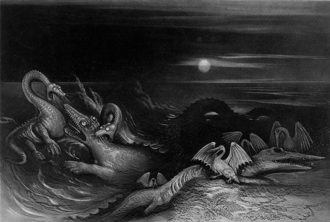 Plesiosaurus kämpft gegen Temnodontosaurus (Oligostinus), 1840 von John Martin