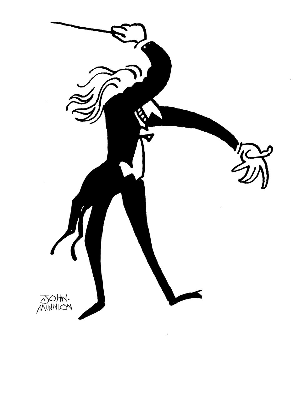 Karikatur eines Dirigenten, der dramatisch dirigiert von John Minnion