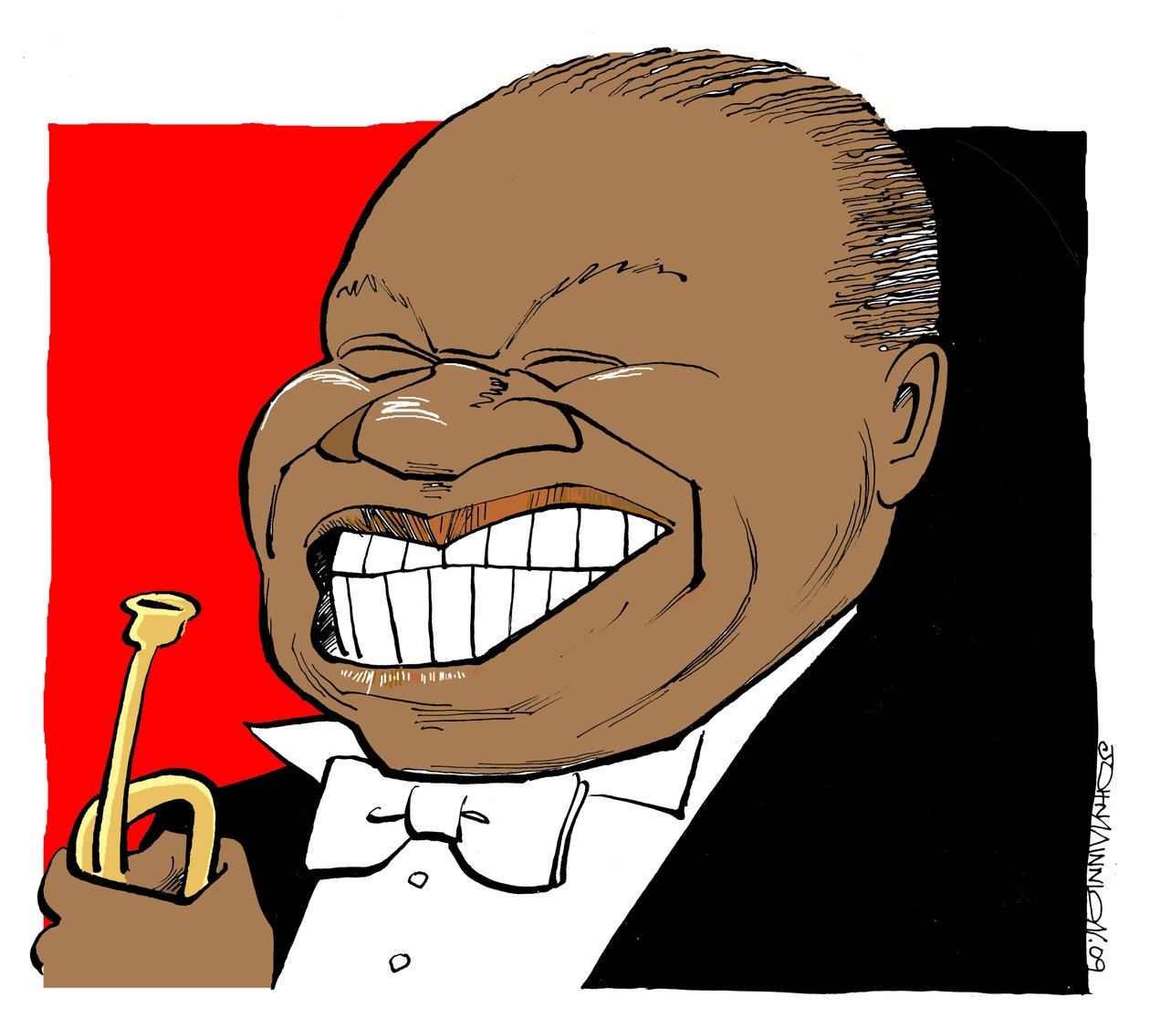Louis Armstrong - Karikatur, spielt seine Trompete von John Minnion