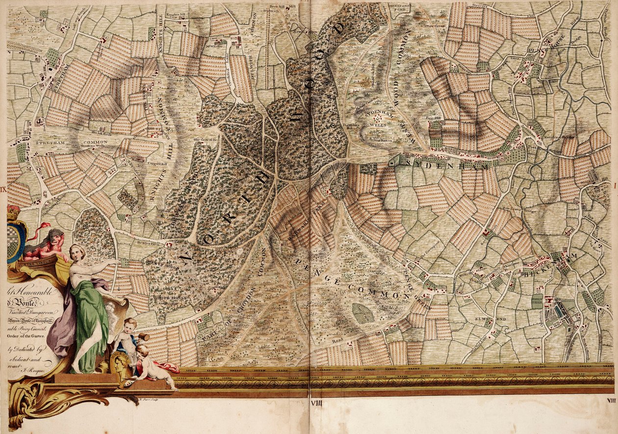 Karte von Streatham, Croydon und Sydenham von John Rocque