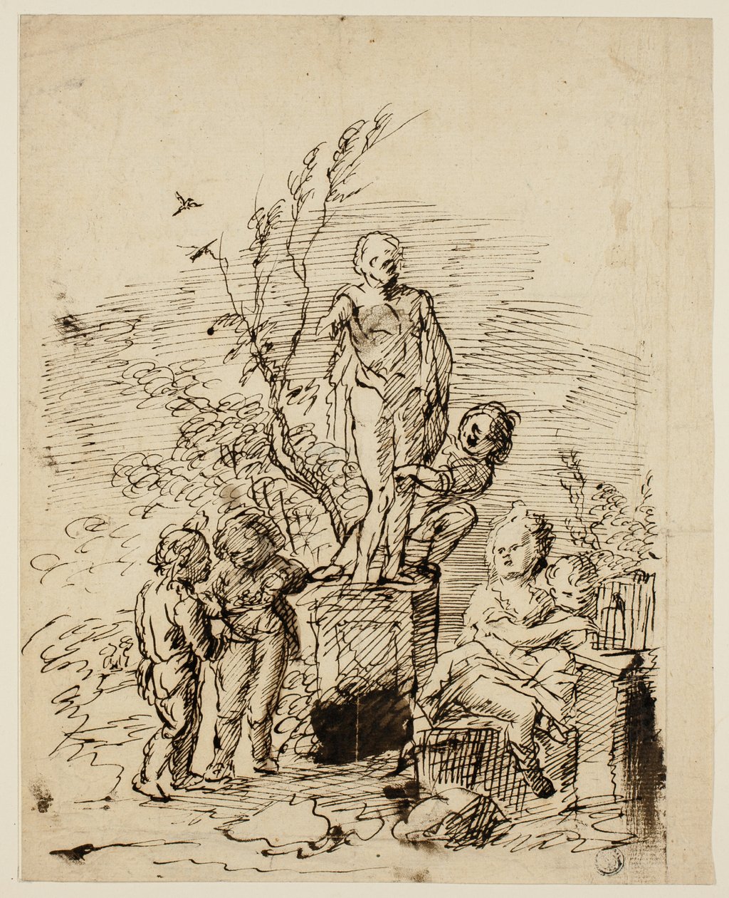 Kinder spielen in der Nähe einer Statue im Garten von John Vanderbank