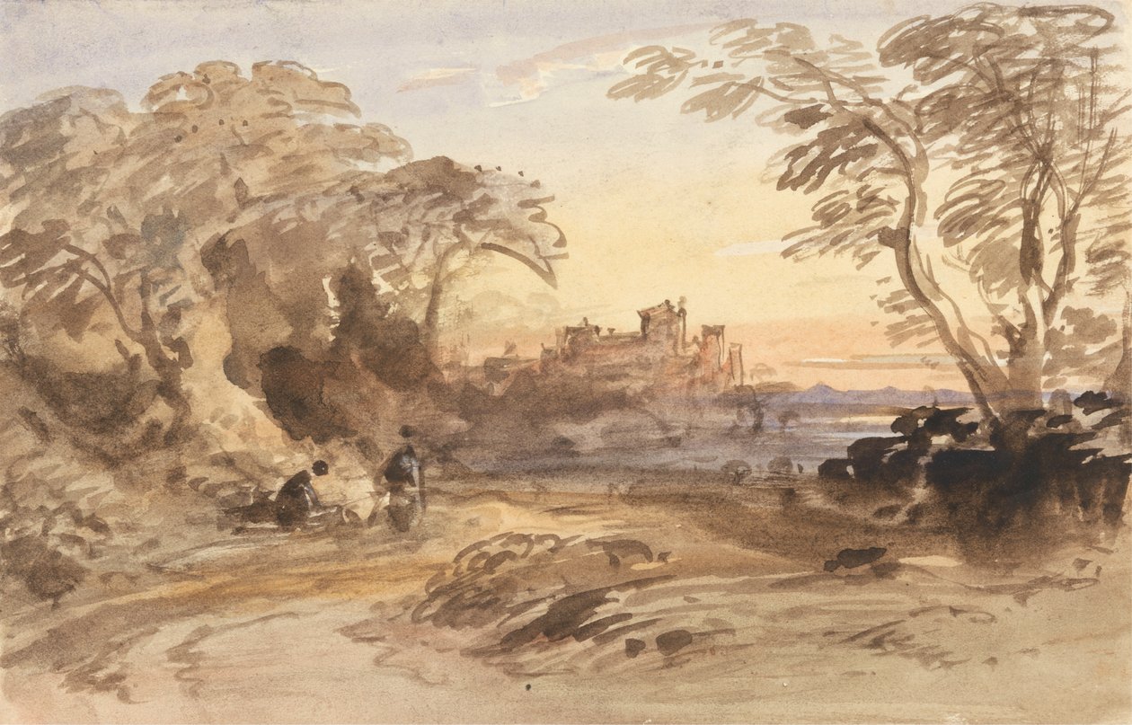 Landschaft mit Figuren und entferntem Schloss von John Varley