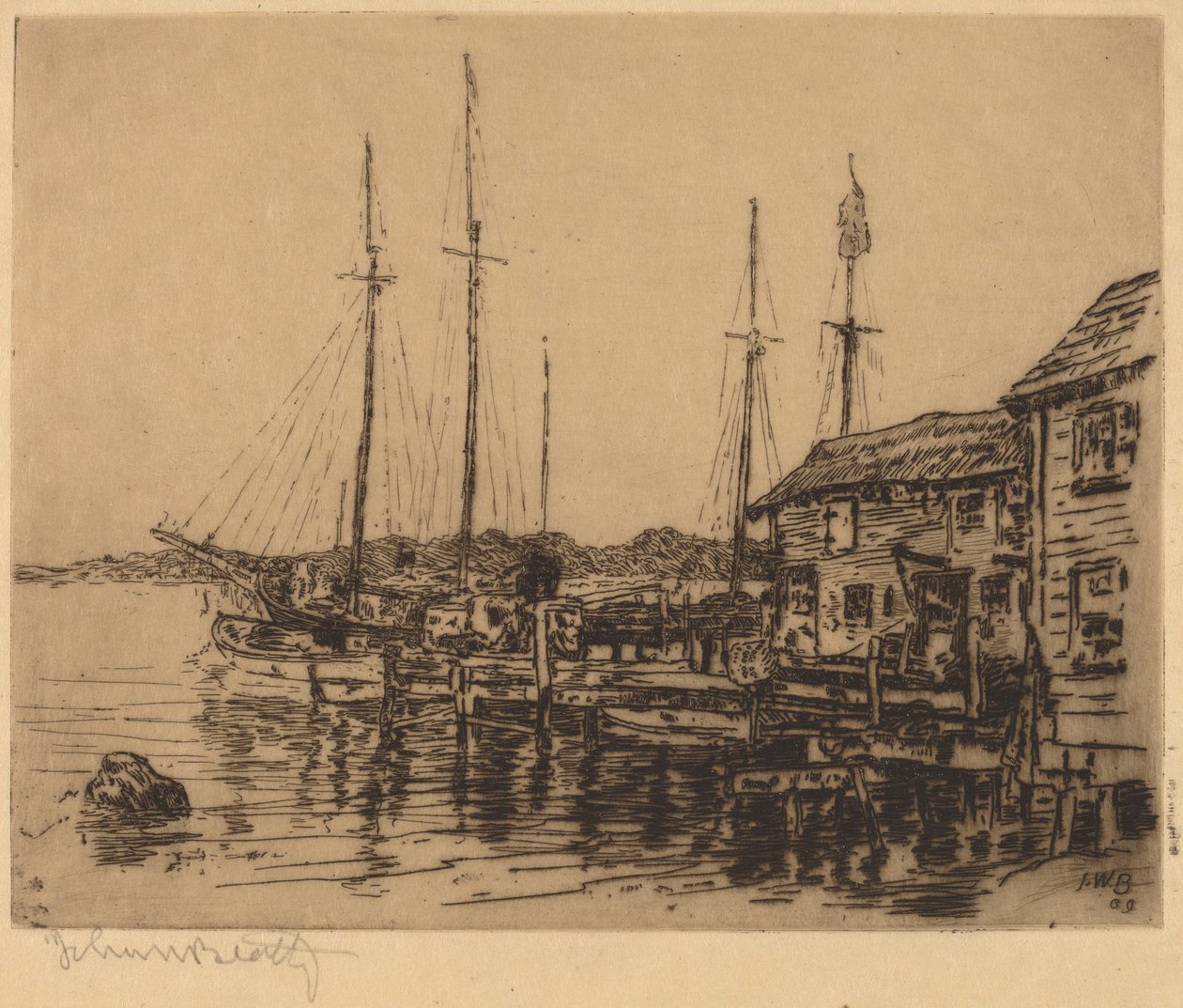Fischerboote entlang der Kaimauer, Noank, Conn. von John Wesley Beatty