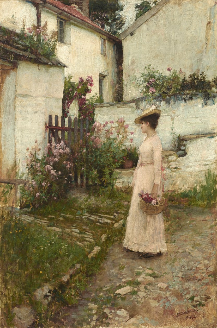 Blumenpflücken in einem Garten in Devonshire von John William Waterhouse