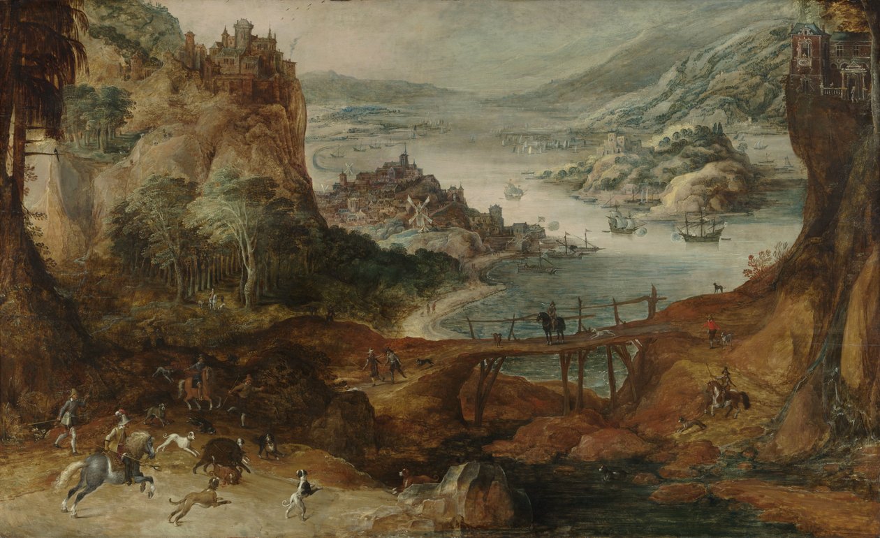 Flusslandschaft mit Wildschweinjagd von Joos de Momper (II)