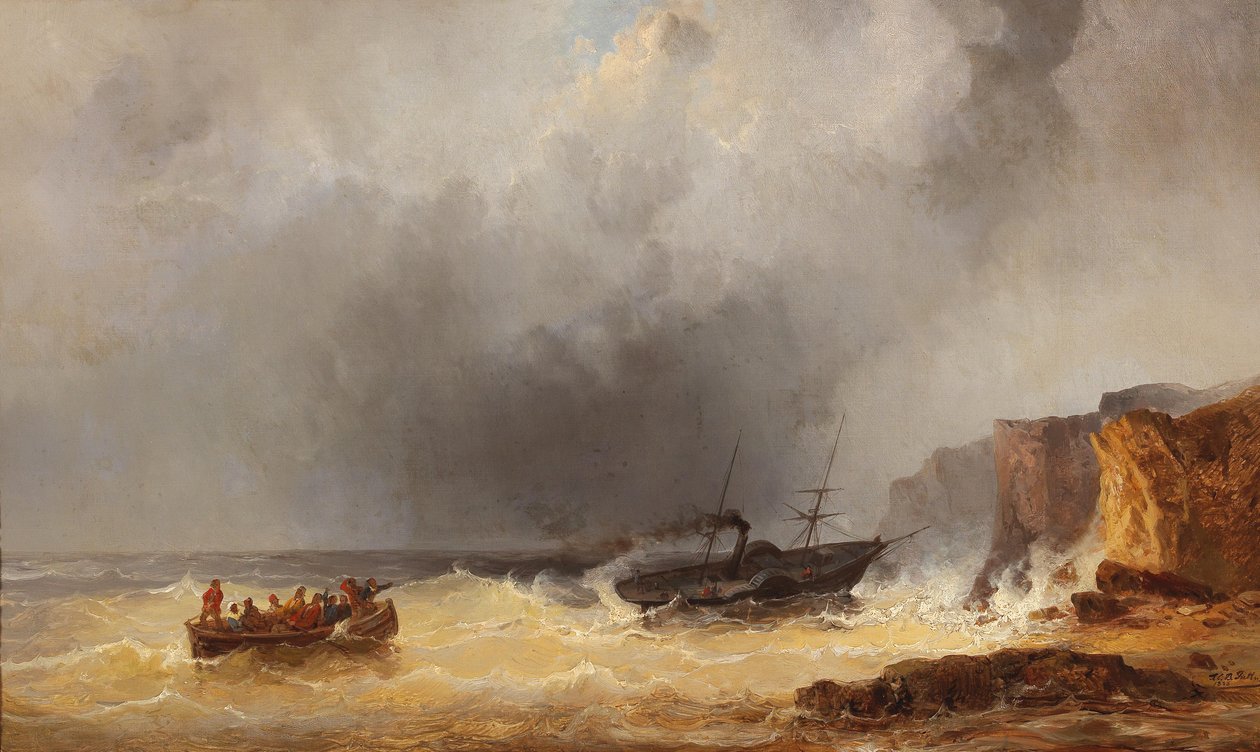 Dampfschiff in Seenot an einer felsigen Küste von Josef Karl Berthold Puttner