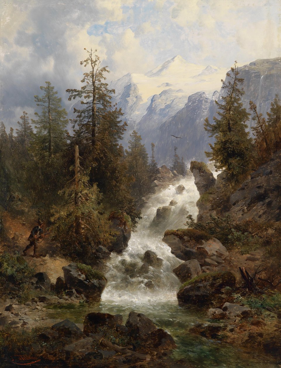 Jäger am Wasserfall von Josef Thoma