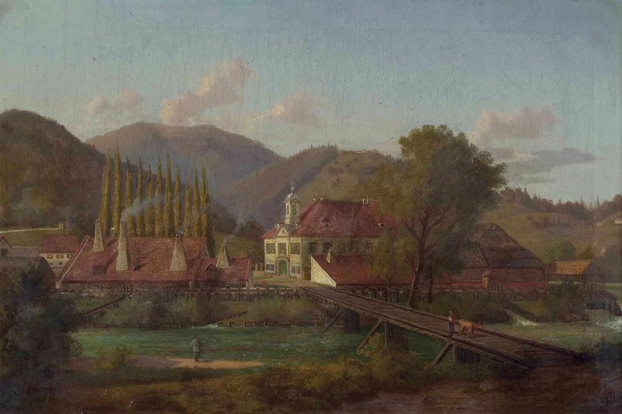 Fabrikgelände an einem Fluss von Josef von Schlogl