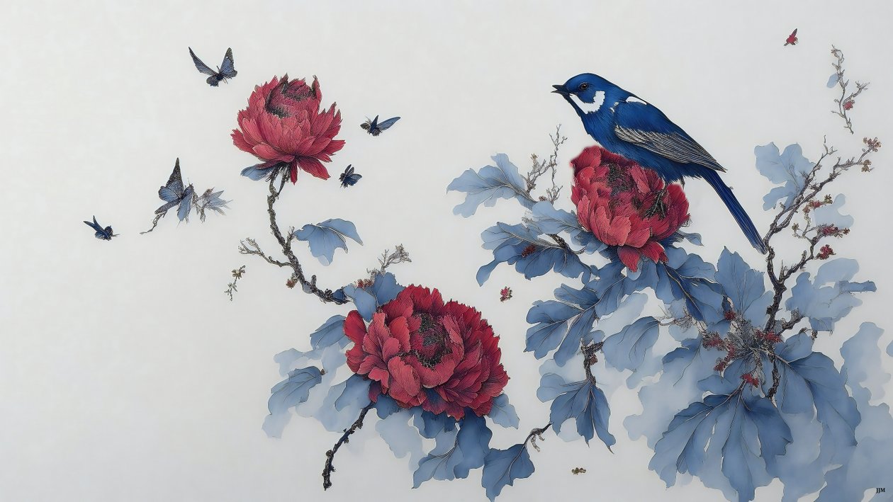 Tintenmalerei: Pfingstrose in Blau 01 von Josef Johann Michel