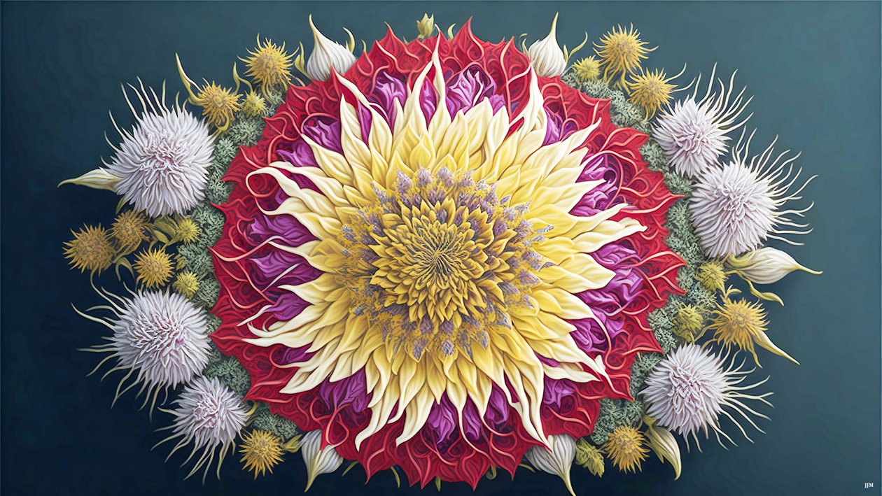 Mandala: Distel mit Blüten-Elemente_01 von Josef Johann Michel