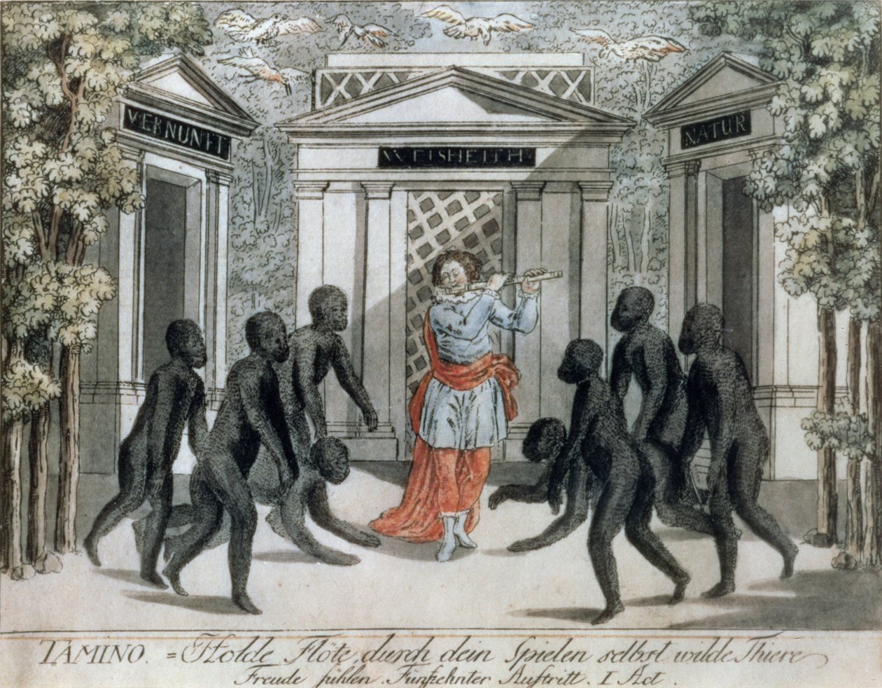 Tamino spielt die Zauberflöte, um die wilden Tiere abzuwehren, Akt I Szene xv, aus 