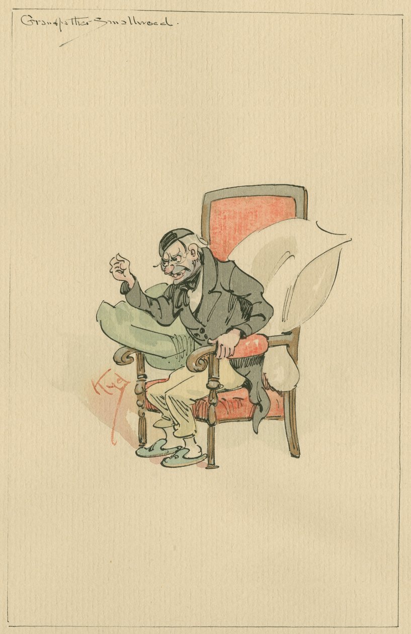 Großvater Smallweed, ca. 1920er (Feder und Tinte mit Aquarell auf Papier) von Joseph Clayton Clarke