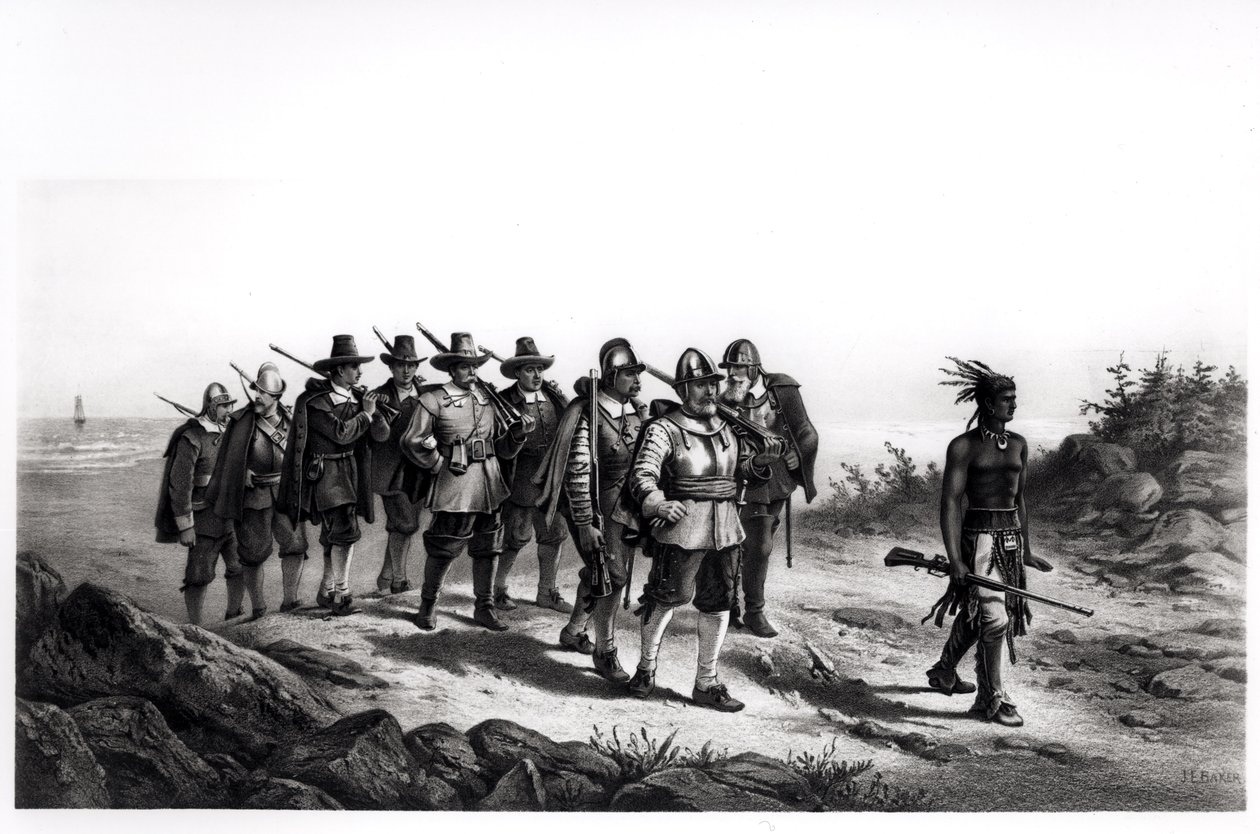 Der Marsch von Miles Standish, graviert von Armstrong und Co., 1873 von Joseph Baker