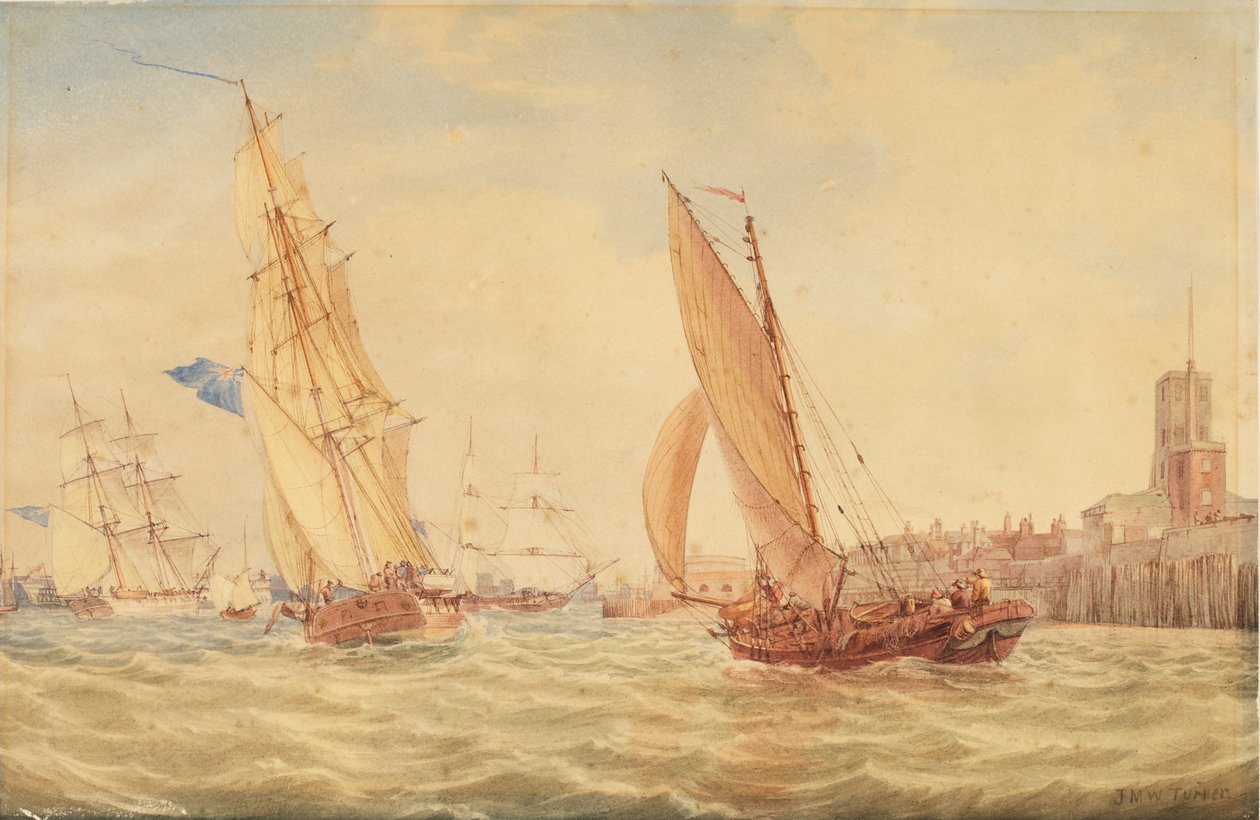 Drei Kriegsschaluppen und ein Fischkutter gehen in den Hafen, Portsmouth, ca. 1800-30 von Joseph Mallord William Turner