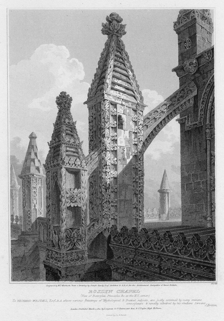 Roslyn Chapel, Ansicht der Strebepfeiler und Zinnen an der nordöstlichen Ecke, graviert von William Woolnoth, 1810 von Joseph Michael Gandy