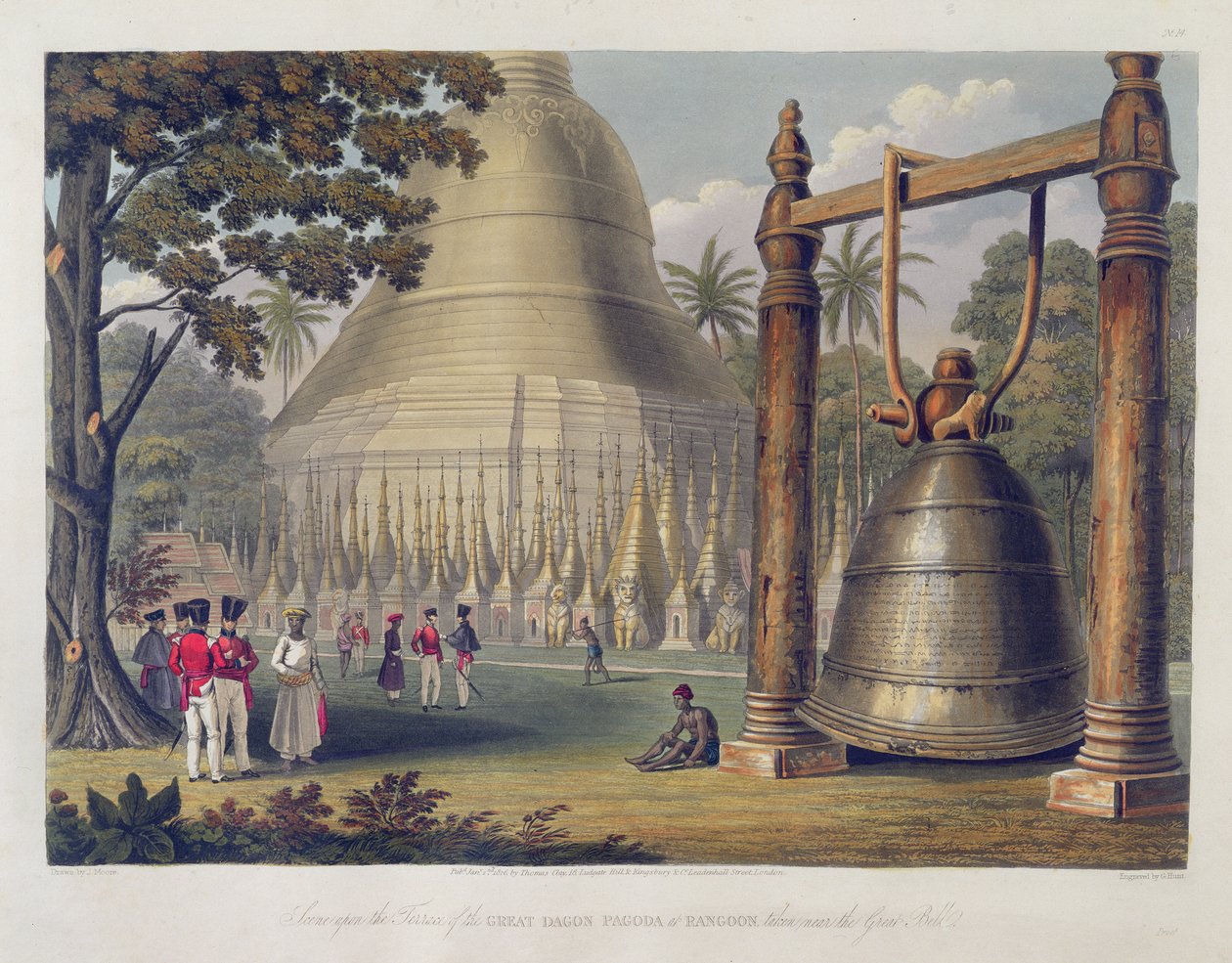 Szene auf der Terrasse der Großen Dagon-Pagode in Rangoon, aufgenommen in der Nähe der Großen Glocke, Platte 14 aus 
