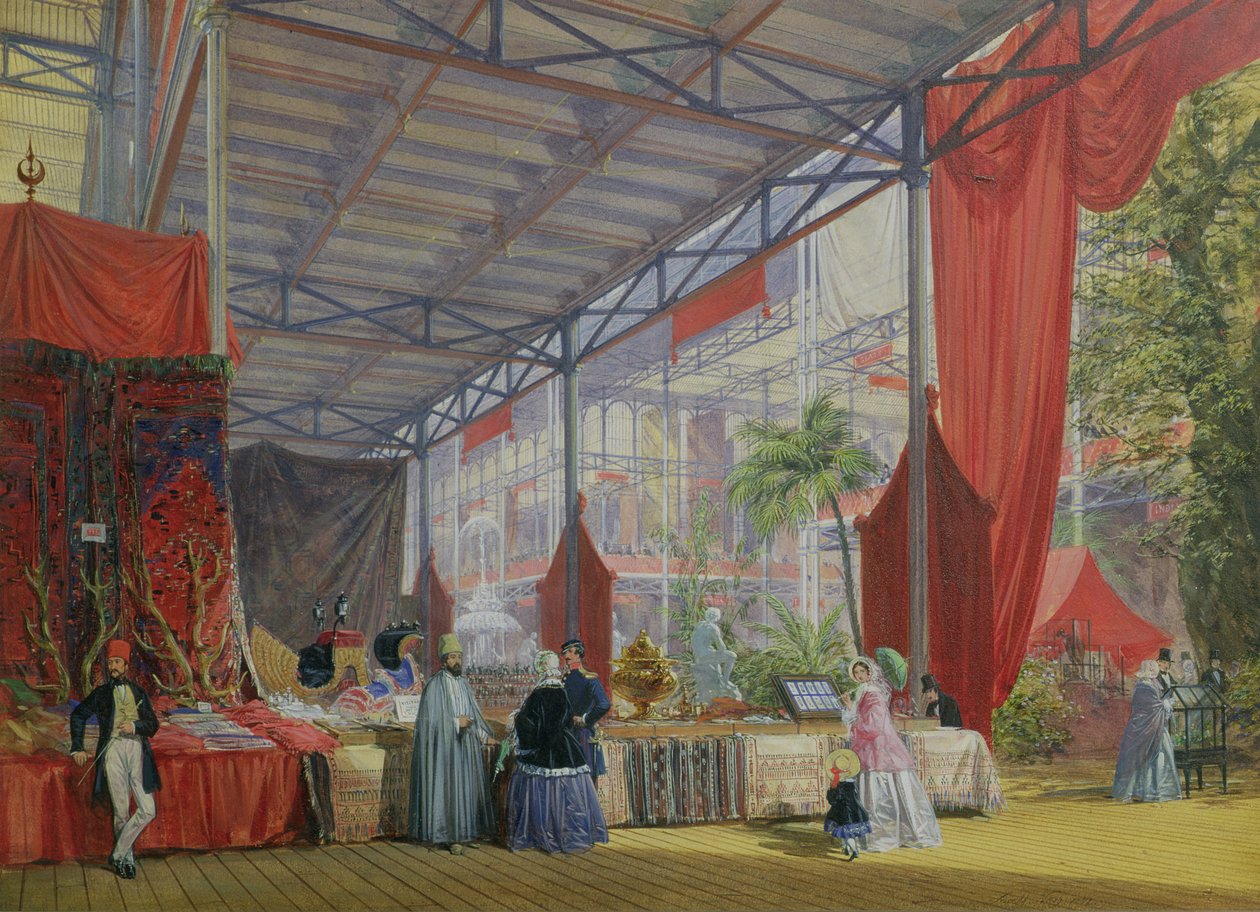 Ein Teil des Querschiffs der Großen Ausstellung von 1851, zeigt Stände mit den Waren der Türkei, 1851 von Joseph Nash
