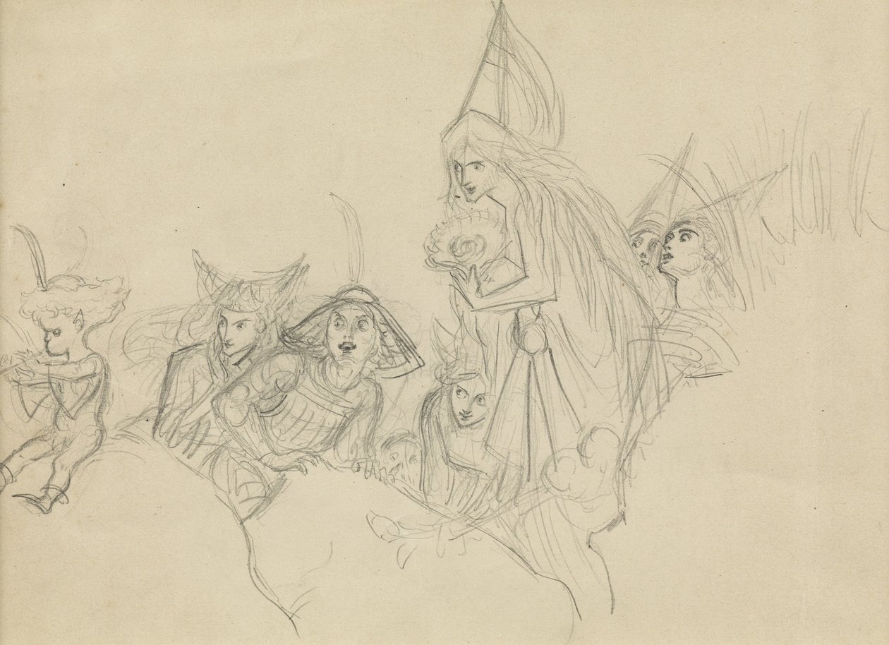 Mittelalterliche Figuren, die einen Elf anstarren von Joseph Noel Paton