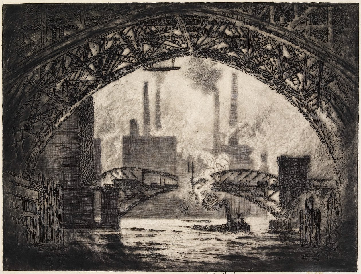 Unter den Brücken, Chicago, 1910 von Joseph Pennell