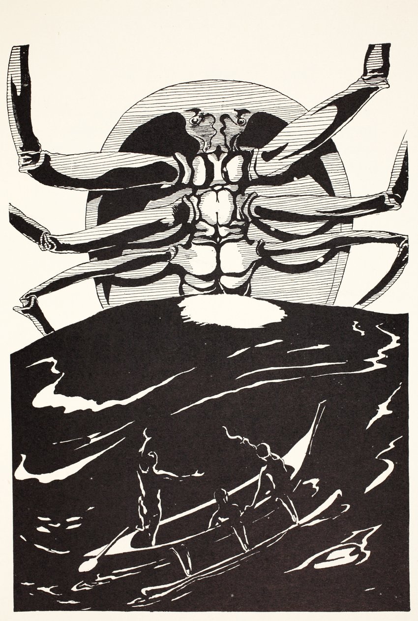 Pau Amma die Krabbe erhebt sich aus dem Meer so hoch wie der Rauch von drei Vulkanen, Illustration aus 