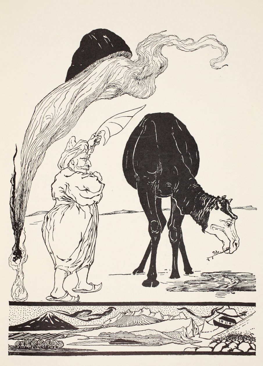 Der Dschinn, der für alle Wüsten verantwortlich ist, führt die Magie mit seinem magischen Fächer, Illustration aus 