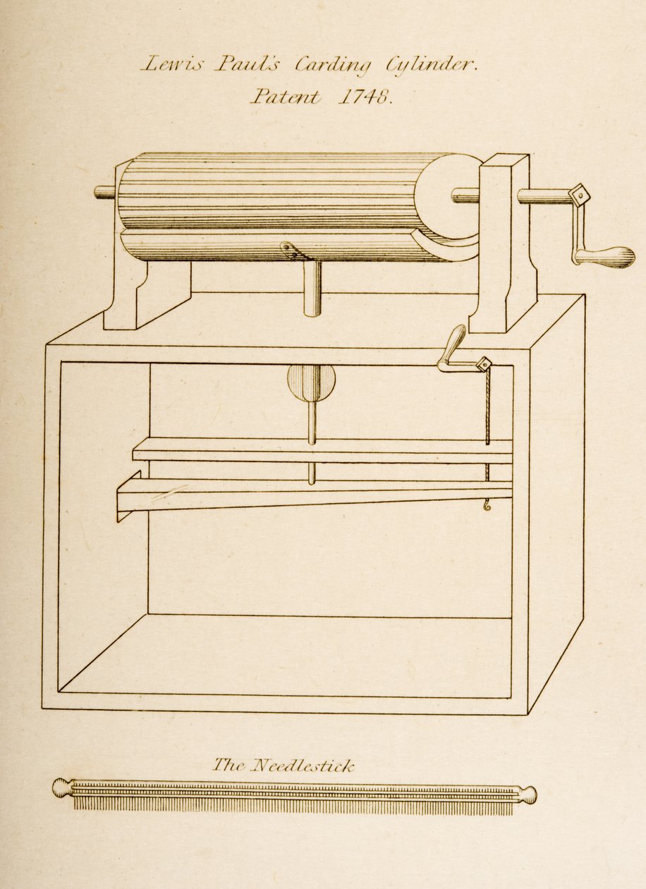 Zeichnung des Kardierzylinders von Lewis Paul, patentiert 1748, ca. 1830 (Lithographie) von Joseph Wilson Lowry