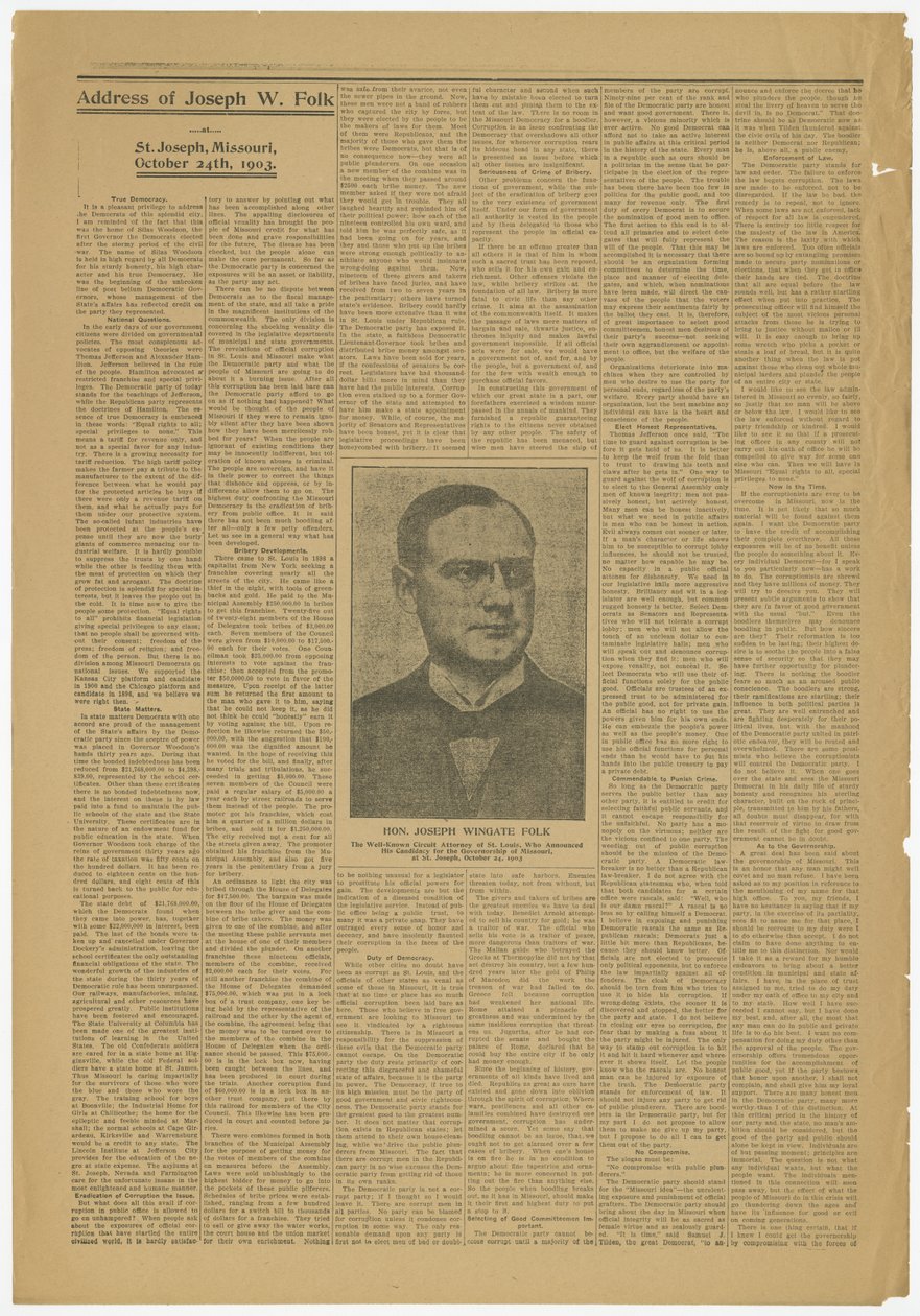 Ansprache von Joseph W. Folk, St. Joseph, Mo., Kandidat für das Gouverneursamt von Missouri, 24. Oktober 1903 von Joseph Wingate Folk