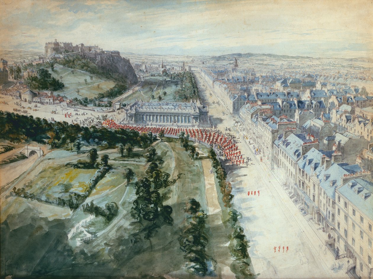 Princes Street, Edinburgh, Blick nach Westen, 10:15 Uhr, August 1847, zeigt Parade, westlich der Institution von Joseph Woodfall Ebsworth
