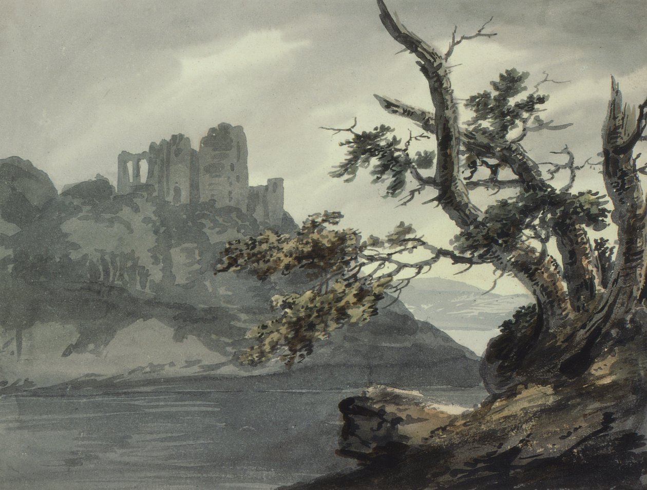 Ruine eines Schlosses an einem Fluss von Joseph Barber