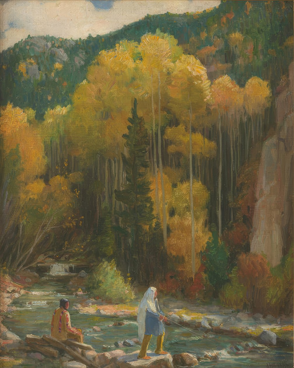 Indianer beim Fischen, Taos Canyon von Joseph Henry Sharp