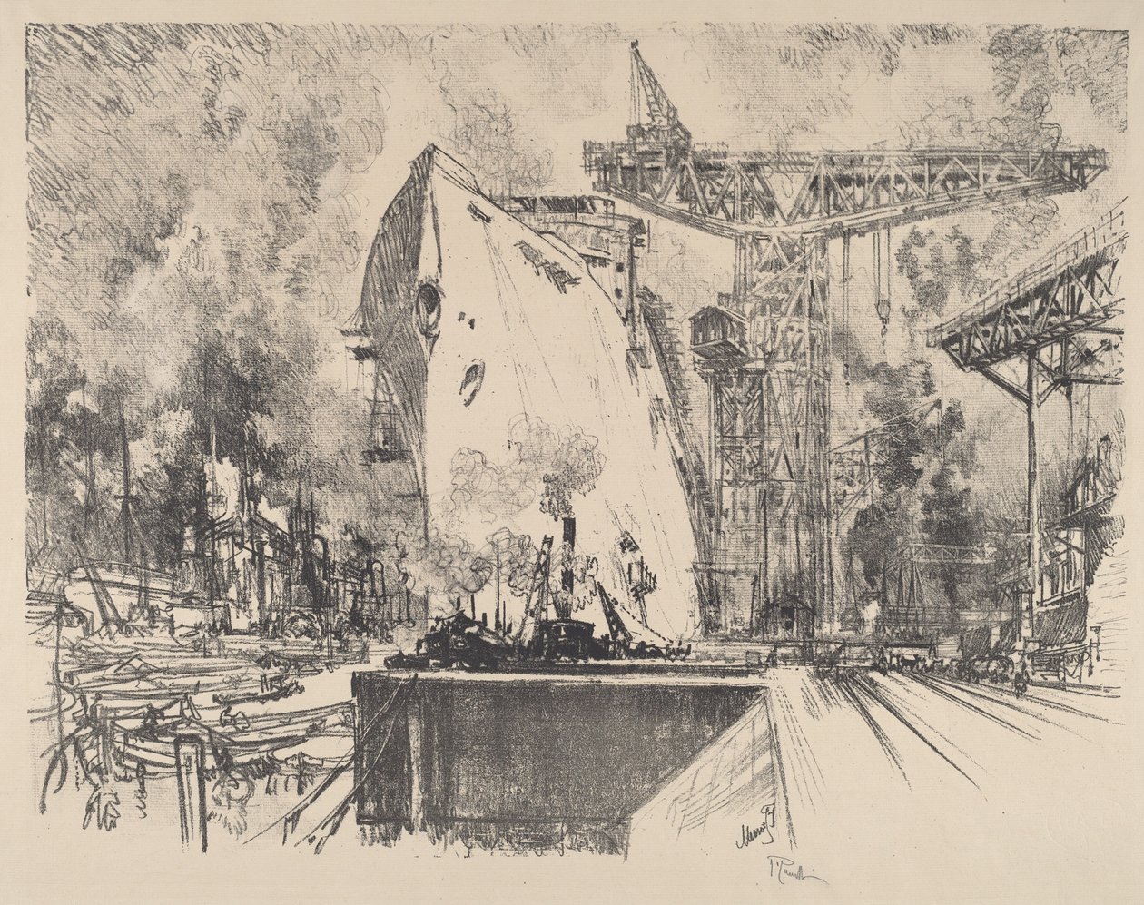 Bau der Bismarck, Hamburg, 1914 von Joseph Pennell