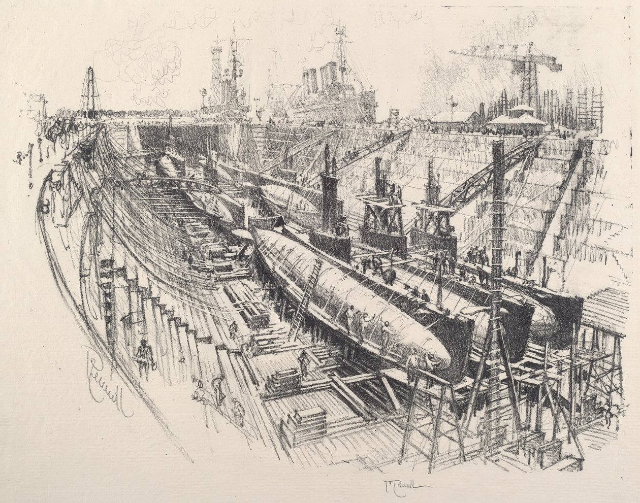 U-Boote im Trockendock, 1917 von Joseph Pennell