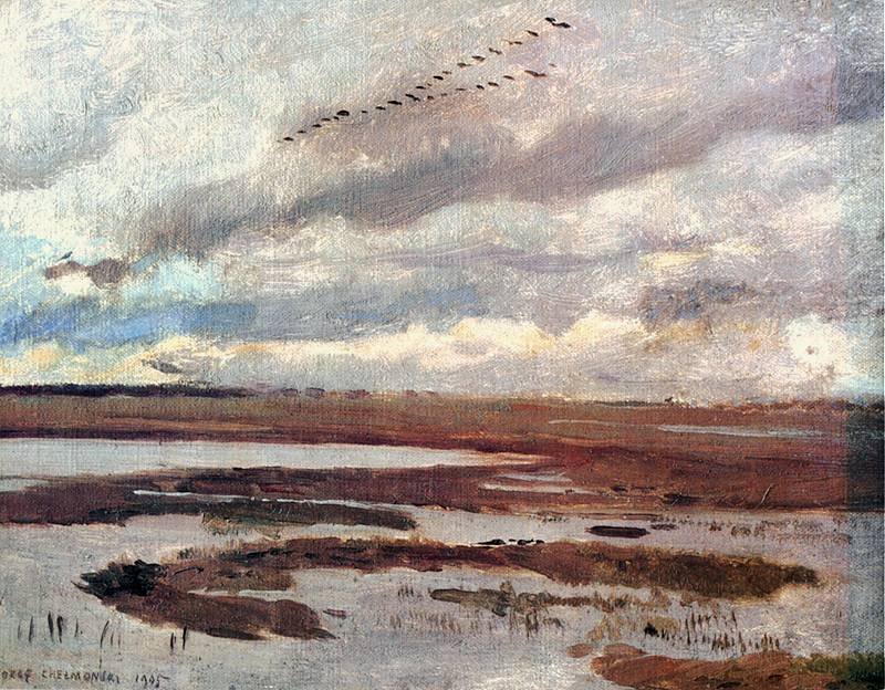 Kraniche, Landschaft von der Wiese von Jozef Marian Chemonski
