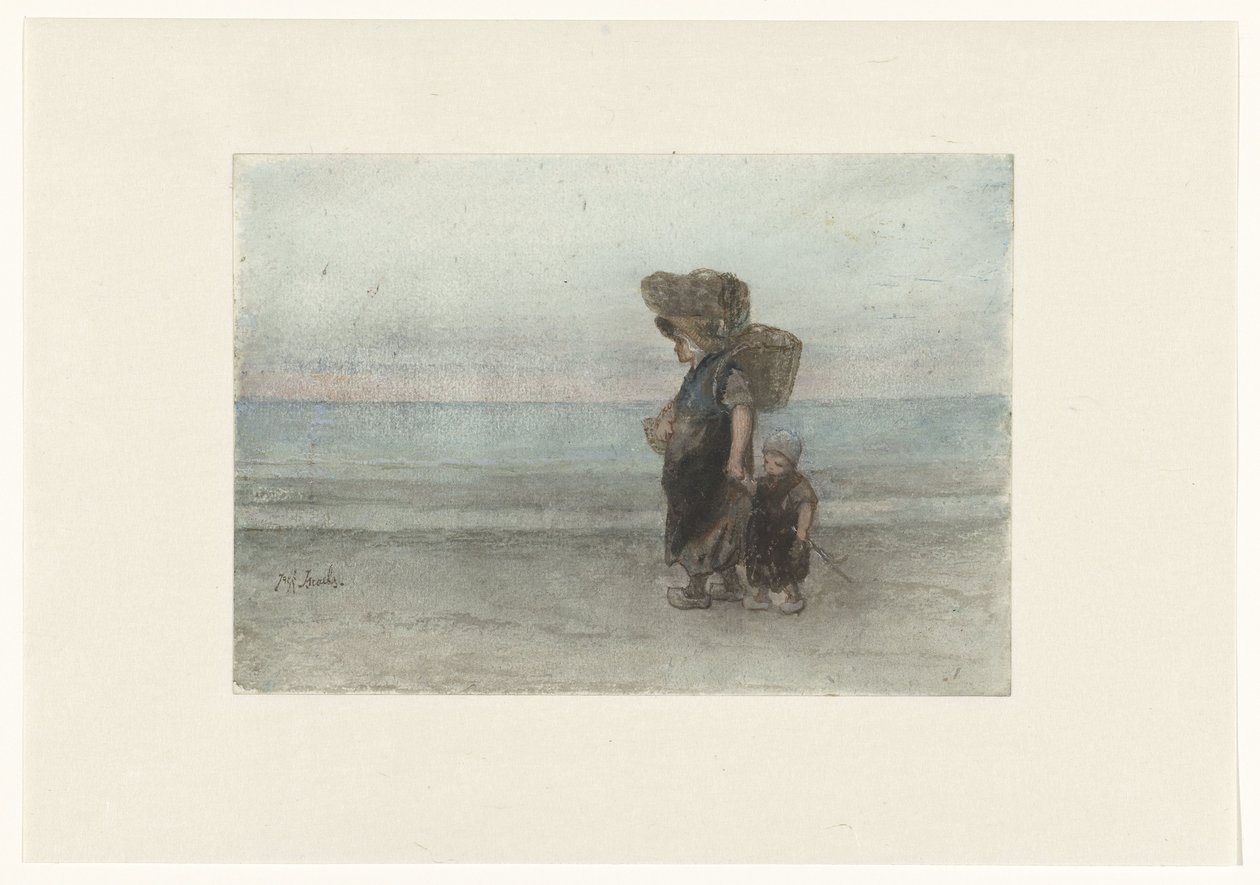 Frau mit Kind, am Strand entlanggehend von Jozef Israëls