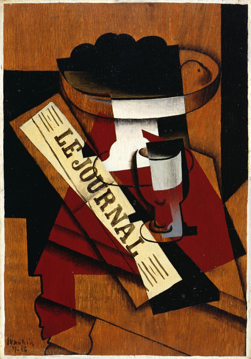 Obstschale, Glas und Zeitung von Juan Gris